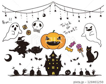 ペンで描いた風ハロウィンカラー ペンで描いた風ハロウィンカラー 128401250