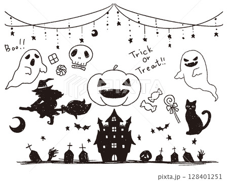 ペンで描いた風ハロウィンセット白黒 ペンで描いた風ハロウィンセット白黒 128401251
