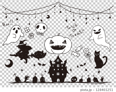 ペンで描いた風ハロウィンセット白黒 ペンで描いた風ハロウィンセット白黒 128401251