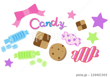 カラフルいろいろなお菓子のイラスト 128401303