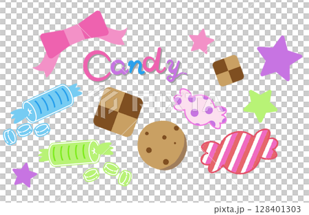カラフルいろいろなお菓子のイラスト 128401303