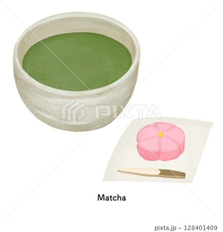 抹茶と練り切りの色鉛筆タッチのイラスト 128401409