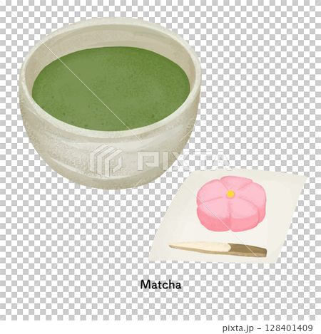 抹茶と練り切りの色鉛筆タッチのイラスト 128401409