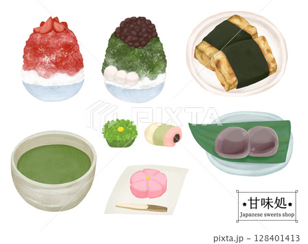 甘味処のお品書きの色鉛筆タッチのイラスト 甘味処のお品書きの色鉛筆タッチのイラスト 128401413