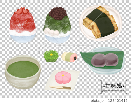 甘味処のお品書きの色鉛筆タッチのイラスト 甘味処のお品書きの色鉛筆タッチのイラスト 128401413