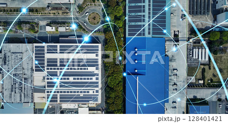 工業地帯の真俯瞰ドローン空撮風景と通信ネットワークのコンセプト　バナー・広告向け横長ビジュアル 128401421