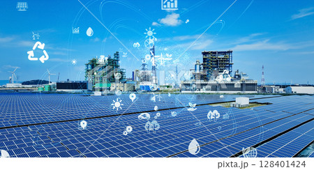 再生可能エネルギー発電所のドローン空撮風景と通信ネットワークのコンセプト　バナー向け横長ビジュアル 128401424