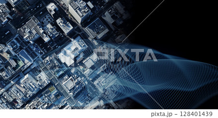 現代都市の真俯瞰ドローン空撮風景と通信ネットワークのコンセプト バナー・広告向け横長ビジュアル 現代都市の真俯瞰ドローン空撮風景と通信ネットワークのコンセプト バナー・広告向け横長ビジュアル 128401439