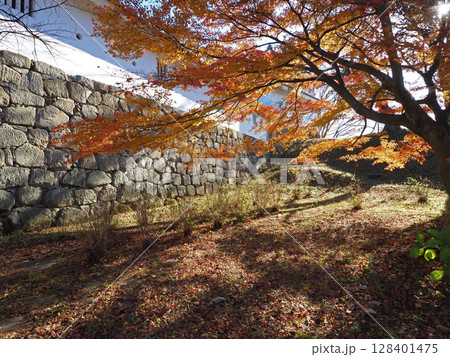会津若松鶴ヶ城の秋。石垣と赤く紅葉し、落葉したもみじの葉にまだ枝に残る紅葉が晩秋を感じ、印象的だ。 会津若松鶴ヶ城の秋。石垣と赤く紅葉し、落葉したもみじの葉にまだ枝に残る紅葉が晩秋を感じ、印象的だ。 128401475