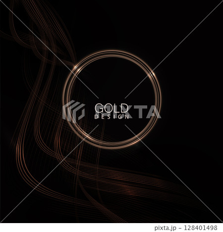 Sophisticated copper design with isolated round shiny frame and wavy ribbons 128401498