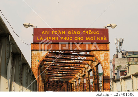 Vietnamese Safety Slogan Sign on Railway Bridge in Hanoi 128401506