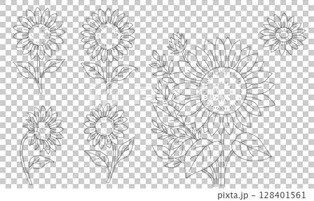 ひまわりの線画イラストセット | ぬりえ・装飾用 128401561