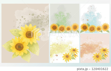 ひまわりの背景イラストセット | ポストカード・SNS用デザイン 128401622