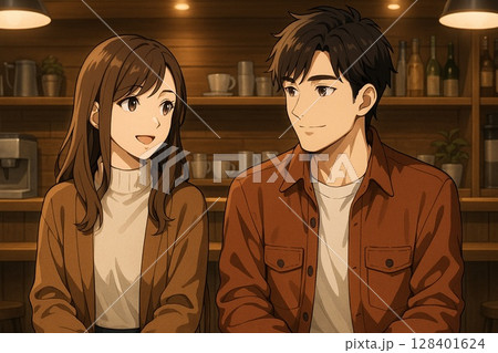 カフェで語らう秋のカップル 128401624