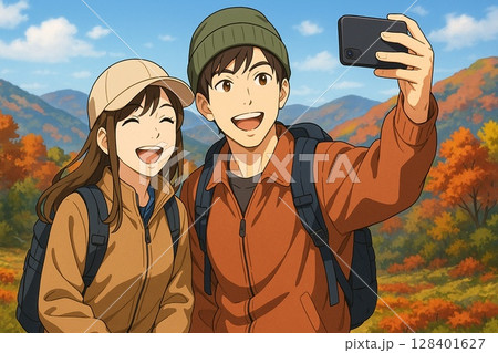 紅葉の山で記念写真を撮るアウトドアカップル 128401627