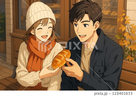 パン屋のベンチで分け合うカップル 128401633