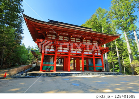 【和歌山県】快晴の高野山の壇上伽藍の中門 128401689