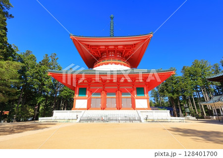 【和歌山県】快晴の高野山の壇上伽藍の根本大塔 【和歌山県】快晴の高野山の壇上伽藍の根本大塔 128401700