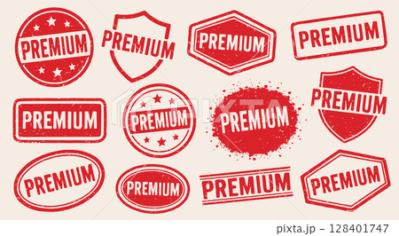 Premium retro grunge stamp vector set. Premium vintage Rubber Stamp template collection. Premium stamp pack. Seal Premium. Vector illustration image. Isolated one white background. Premium retro grunge stamp vector set. Premium vintage Rubber Stamp template collection. Premium stamp pack. Seal Premium. Vector illustration image. Isolated one white background. 128401747