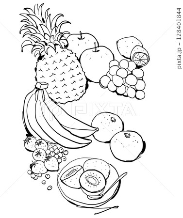 果物線画イラスト　パイン、バナナ、イチゴなどのフルーツ 128401844