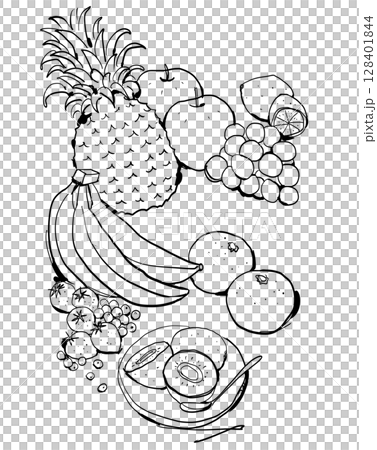 果物線画イラスト　パイン、バナナ、イチゴなどのフルーツ 128401844