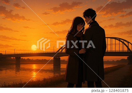 夕暮れの川辺で寄り添うカップル 128401875