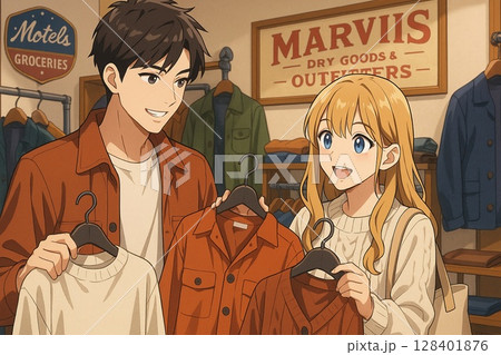秋のセレクトショップで服を選ぶカップル 秋のセレクトショップで服を選ぶカップル 128401876