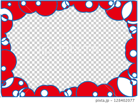 Beautiful frame made of circles, transparent center, red with blue border, white background 128402077