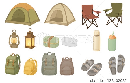 山キャンプ&アウトドア雑貨セット|ナチュラルな手描き風キャンプ用品イラスト素材 山キャンプ&アウトドア雑貨セット|ナチュラルな手描き風キャンプ用品イラスト素材 128402082