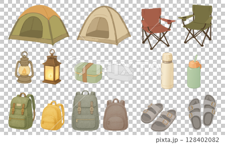 山キャンプ&アウトドア雑貨セット|ナチュラルな手描き風キャンプ用品イラスト素材 山キャンプ&アウトドア雑貨セット|ナチュラルな手描き風キャンプ用品イラスト素材 128402082