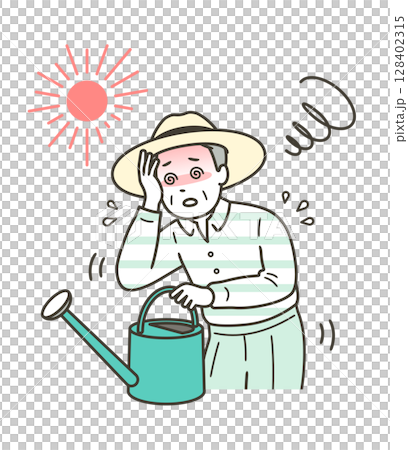 Illustration of the upper body of an elderly man suffering from heat stroke and dizziness while working on farm Illustration of the upper body of an elderly man suffering from heat stroke and dizziness while working on farm 128402315