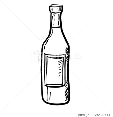 Bottle of wine Hand drawn line art sketch doodle fisherman aesthetic coastal nautical illustration  128402343