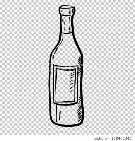 Bottle of wine Hand drawn line art sketch doodle fisherman aesthetic coastal nautical illustration  128402343