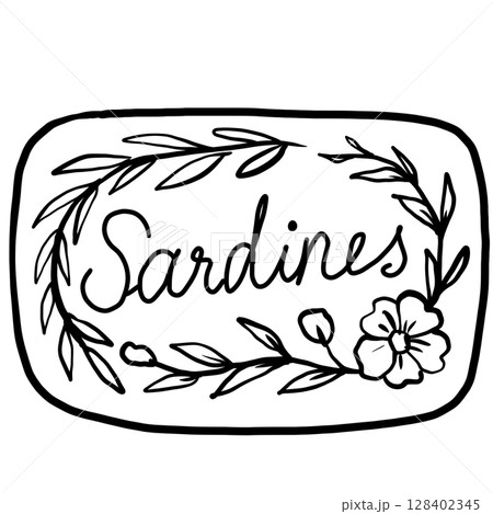 Sardines vintage with flower tin canned fish Hand drawn line art sketch doodle fisherman aesthetic coastal nautical illustration  128402345