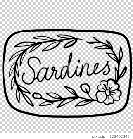 Sardines vintage with flower tin canned fish Hand drawn line art sketch doodle fisherman aesthetic coastal nautical illustration  128402345