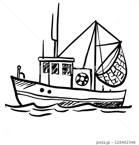 Fishing Boat Hand drawn line art sketch doodle fisherman aesthetic coastal nautical illustration  128402346