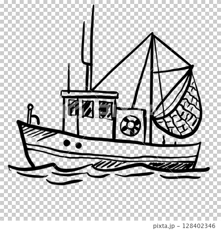 Fishing Boat Hand drawn line art sketch doodle fisherman aesthetic coastal nautical illustration  128402346