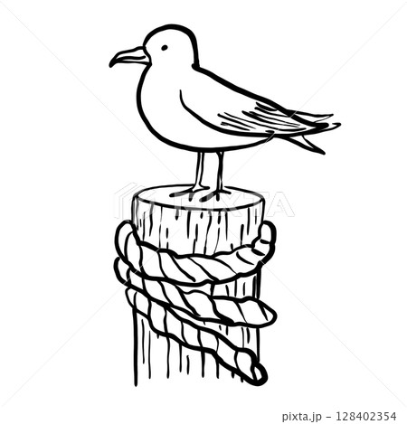 Seagull on a log Hand drawn line art sketch doodle fisherman aesthetic coastal nautical illustration  128402354