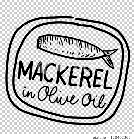 Mackerel in olive oil tin canned fish Hand drawn line art sketch doodle fisherman aesthetic coastal nautical illustration  128402363