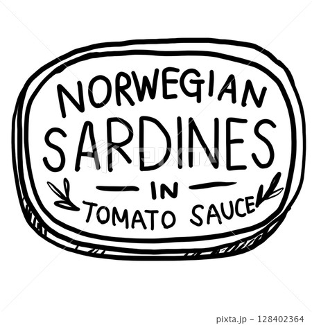 Norwegian Sardines in tomato sauce tin canned fish Hand drawn line art sketch doodle fisherman aesthetic coastal nautical illustration  128402364