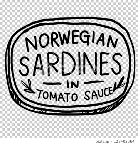 Norwegian Sardines in tomato sauce tin canned fish Hand drawn line art sketch doodle fisherman aesthetic coastal nautical illustration  128402364