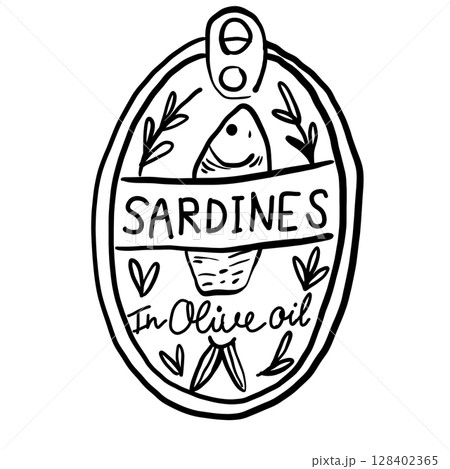 Sardines in olive oil vintage tin canned fish Hand drawn line art sketch doodle fisherman aesthetic coastal nautical illustration  128402365