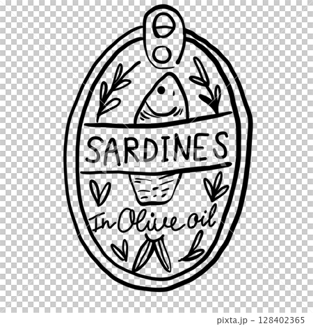 Sardines in olive oil vintage tin canned fish Hand drawn line art sketch doodle fisherman aesthetic coastal nautical illustration  128402365