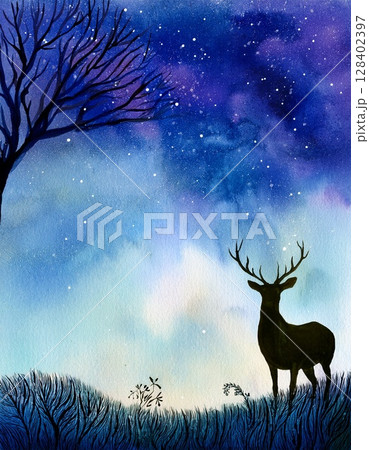 アウトドア、キャンプのイメージイラスト 夜の森を歩く鹿のシルエット アウトドア、キャンプのイメージイラスト 夜の森を歩く鹿のシルエット 128402397