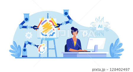 Woman using AI-generated art technology on computer to create stunning works of art. Artificial intelligence generated artwork. Robotic arm create paintings controlled by computer algorithm 128402497