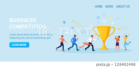 Businessman running to trophy, crossing finish line and tearing ribbon. Business success or achievement, skill or effort to succeed in work. Competitive process in business. Way to achieve the goal Businessman running to trophy, crossing finish line and tearing ribbon. Business success or achievement, skill or effort to succeed in work. Competitive process in business. Way to achieve the goal 128402498