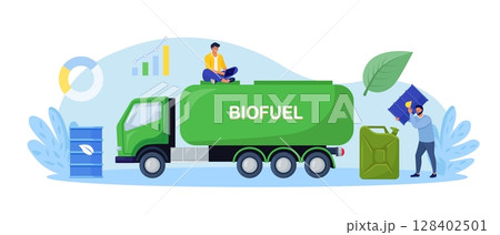 Truck delivering biofuel to petrol refill station. Renewable energy source derived from organic materials. Reducing greenhouse gas emissions. Alternative green diesel. Environmental sustainability 128402501