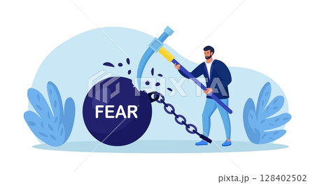 Businessman fighting with fear. Person smashed chained fear ball. Overcome fear, challenge difficulty. Character win over obstacle or difficulty. Confrontation or confidence to defeat fear Businessman fighting with fear. Person smashed chained fear ball. Overcome fear, challenge difficulty. Character win over obstacle or difficulty. Confrontation or confidence to defeat fear 128402502