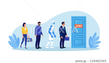Robots and people stand in line waiting hiring interview at office hall. Robotics industry. Human and robotics employees for vacancy. Automated and manual labor. Robotic Process Automation Robots and people stand in line waiting hiring interview at office hall. Robotics industry. Human and robotics employees for vacancy. Automated and manual labor. Robotic Process Automation 128402503