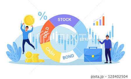 Exchange traded fund, bond, stock, gold. Businessman reviewing diversified investment portfolio. Wealth management, asset allocation. Money question, financial planning. Stock market trading strategy 128402504